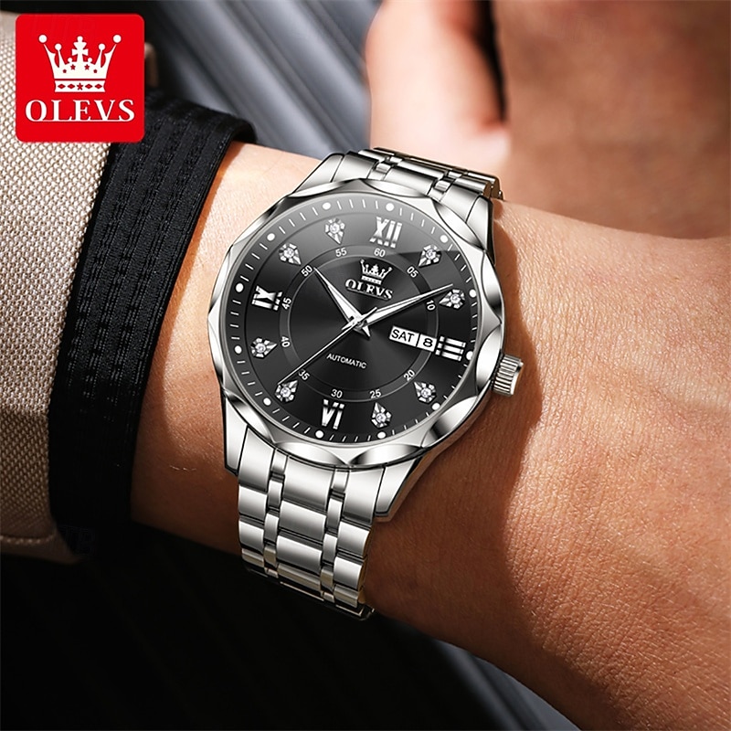 OLEVS Automatic Watch for Men, All Black Stainless Steel Luxury Business Self Winding Wristwatch with Day Date and Luminous Diamonds, Waterproof Analog Dress Watch, Gift for Husband Dad 2026 - $76.99 –P16
