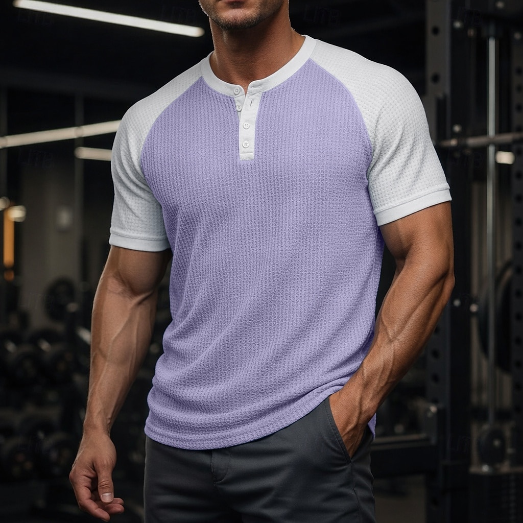 Муж. Футболка с вафельным рисунком Футболка С короткими рукавами Сплошной цвет Мода Оригинальный рисунок На каждый день Цветовые блоки Рукав «реглан» Хенли Повседневные на открытом воздухе 2026 - $21.99 –P7