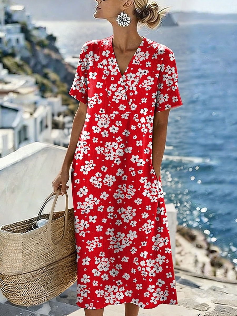 Pentru femei Rochii Midi Rochie de schimb Rochie de Vară Vacanță Casual Stiluri de Plajă Potrivire Largă Floral Grafic Manșon scurt În V Albastru piscină Roz Îmbujorat Roșu-aprins Mov Vară Primăvară 2026 - $39.99 –P1