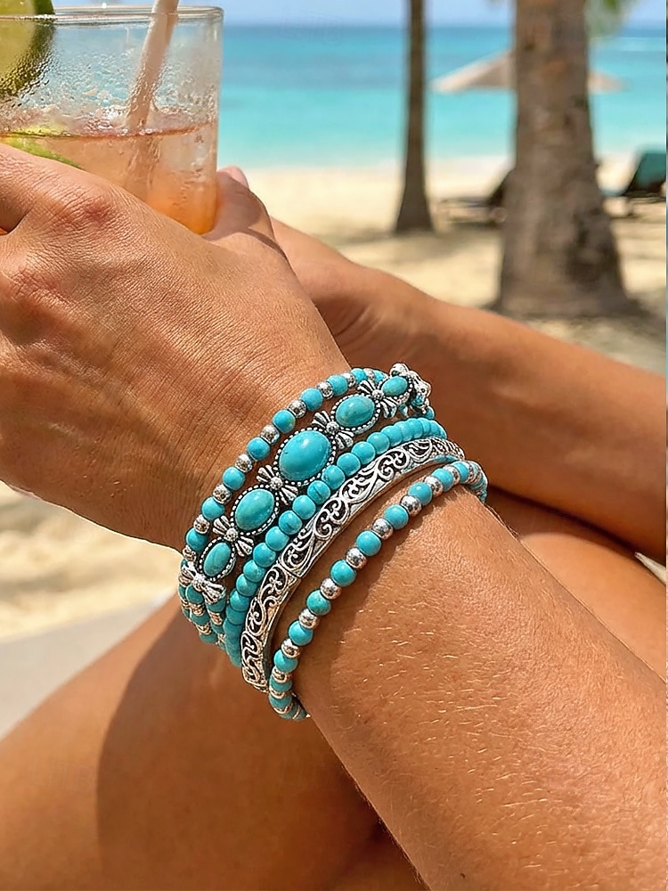 Bohemiskt turkost armbandsset för kvinnor, lager-på-lager pärlhalsband för strandsemester, resortkläder, avslappnade sommarkläder och vardaglig bohemisk styling 2026 - $11.99 –P1