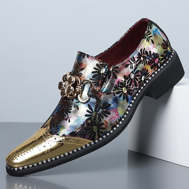 Geklede herenschoenen met bloemenprint, spitse neus en metallic neuskap, modieuze instappers voor stijlvolle mannen, ideaal voor feesten, bruiloften, banketten en podiumoptredens. 2026 - $54.99 –P1