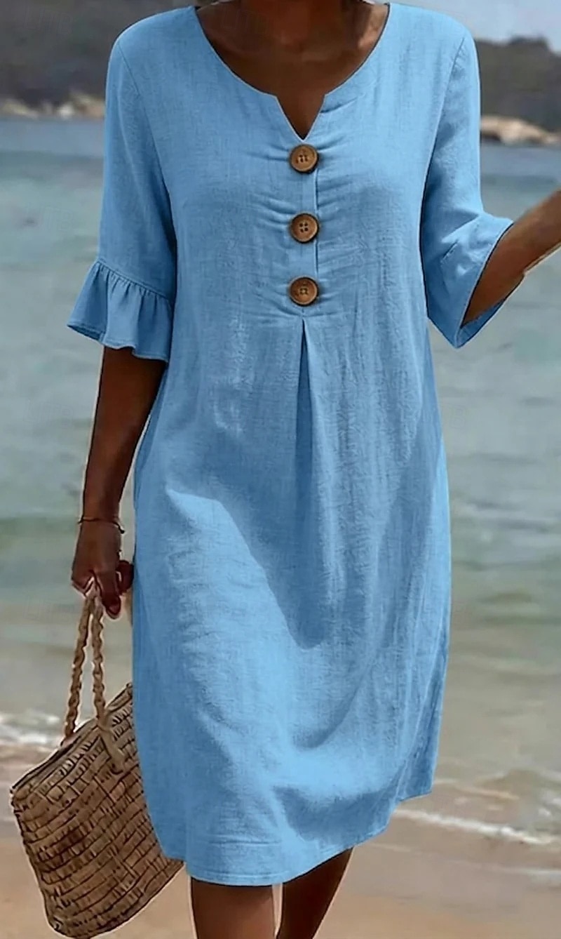 Damskie Sukienka midi Sztuczna bawełna len Sukienka trapezowa Codzienny Codzienny Luźna Równina Rękaw 3/4 W serek Niebieski Czarny Biały Zielony Lato Wiosna Jesień 2026 - $13.49 –P2