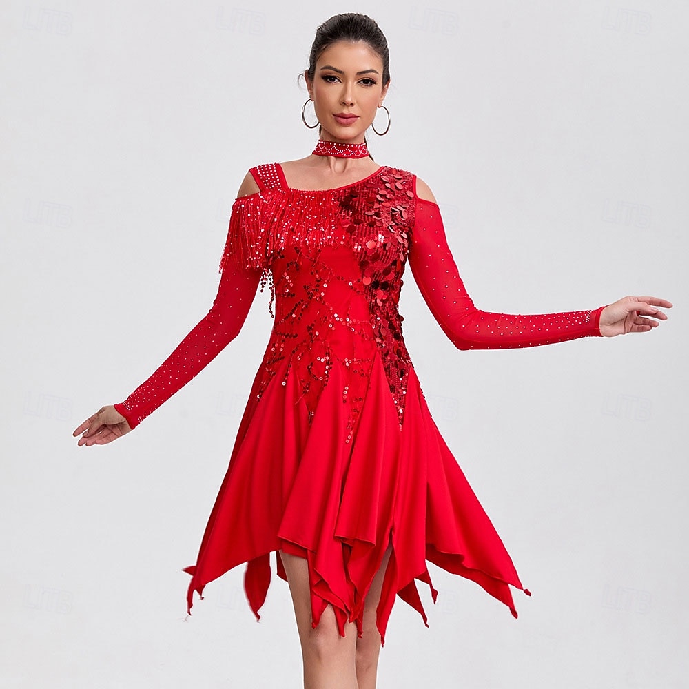 Dame rød paljett latin dansekjole med kalde skuldre og lange ermer ballroom konkurransekjole 2026 - $70.99 –P1