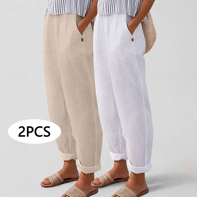 Πολυσυσκευασίες 2 τεμαχίων γυναικείο παντελόνι 100% βαμβάκι καλοκαιρινό παντελόνι casual παντελόνι διακοπών βασικό ψηλόμεσο απλό τσέπη άνεση μαλακό αναπνεύσιμο ανελαστικό casual καθημερινό αθλητικό λευκό+πράσινο λευκό+χακί 2026 - $31.99 –P2