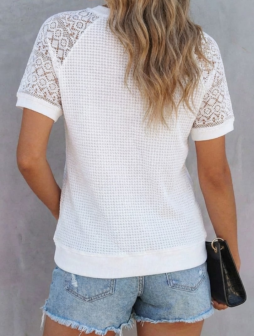 Dames Wafel T-shirt Raglan-T-shirt Kant Vetergat Elegant Stijlvol Korte mouw Strakke ronde hals Lange tops Casual Vakantiekleding Zwart Wit Grijs Zomer Lente 2026 - $19.99 –P3