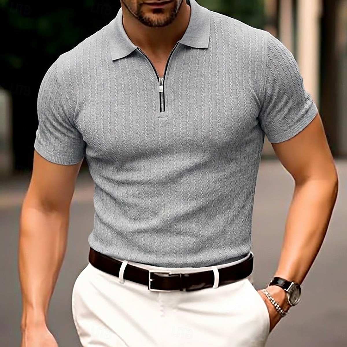 Voor heren Polo met rits Met Textuur Casual Feestdagen Revers Kwart ritssluiting Korte mouw Modieus Basic Effen Jacquard Kwart ritssluiting Zomer Lente Getailleerd Zwart Wit Bordeaux khaki Leger 2026 - $22.99 –P1