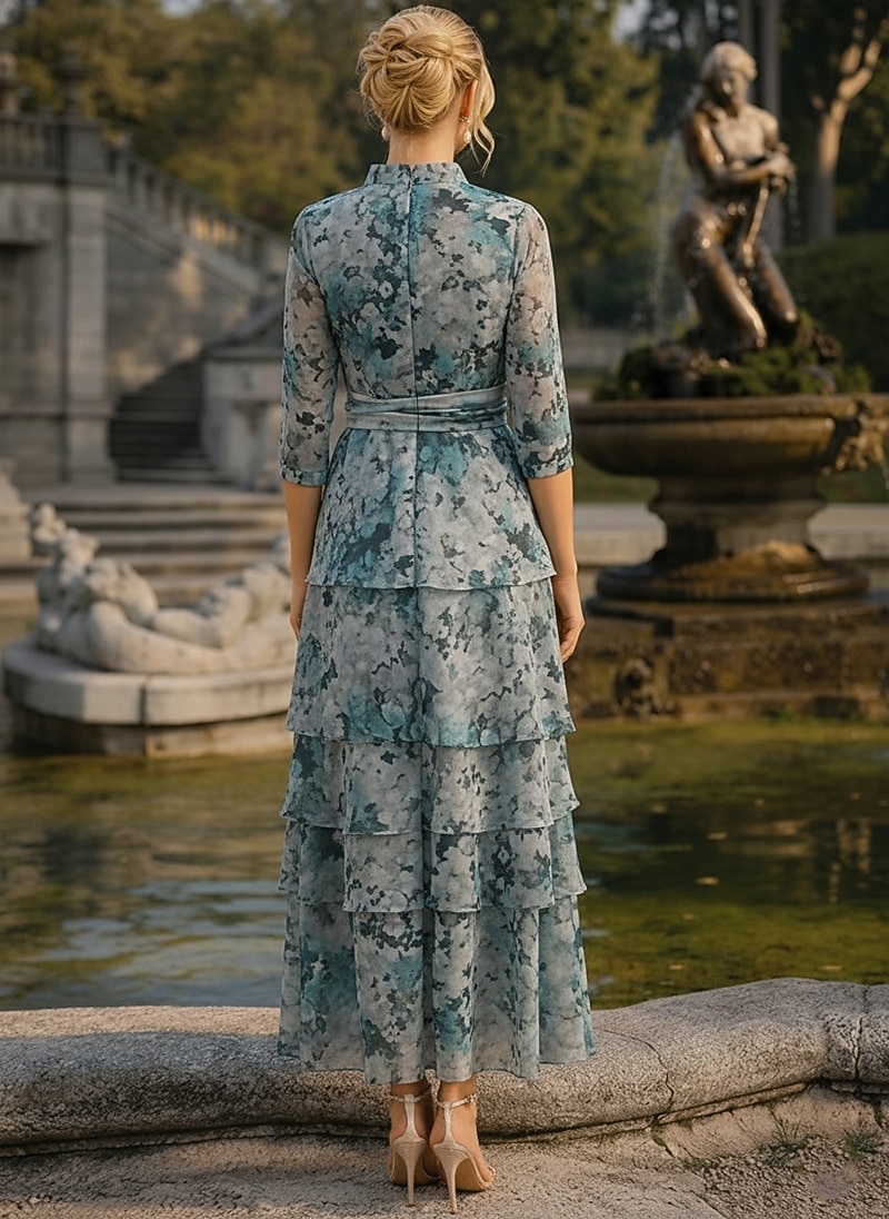 A-Linie Kleid Knöchellänge Cocktailkleid Brautmutterkleid Dreiviertelarm V Ausschnitt Elegant Lässig Formell Hochzeitsgast Ferien Chiffon mit Blumenmuster Rüschen Kaskadierende Rüschen 2026 - $194.99 –P3