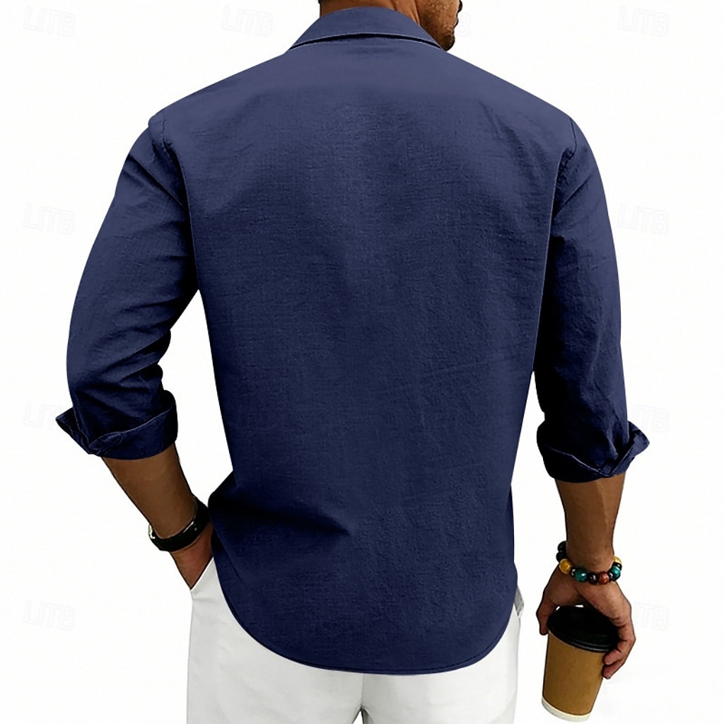 Herren Hemd Leinenhemd Sommerhemd Strandhemd Einfach Lässig Urlaub Schwarz Weiß Marineblau Khaki Langarm Umlegekragen Sommer Frühling Bekleidung Patchwork 2026 - $25.99 –P9