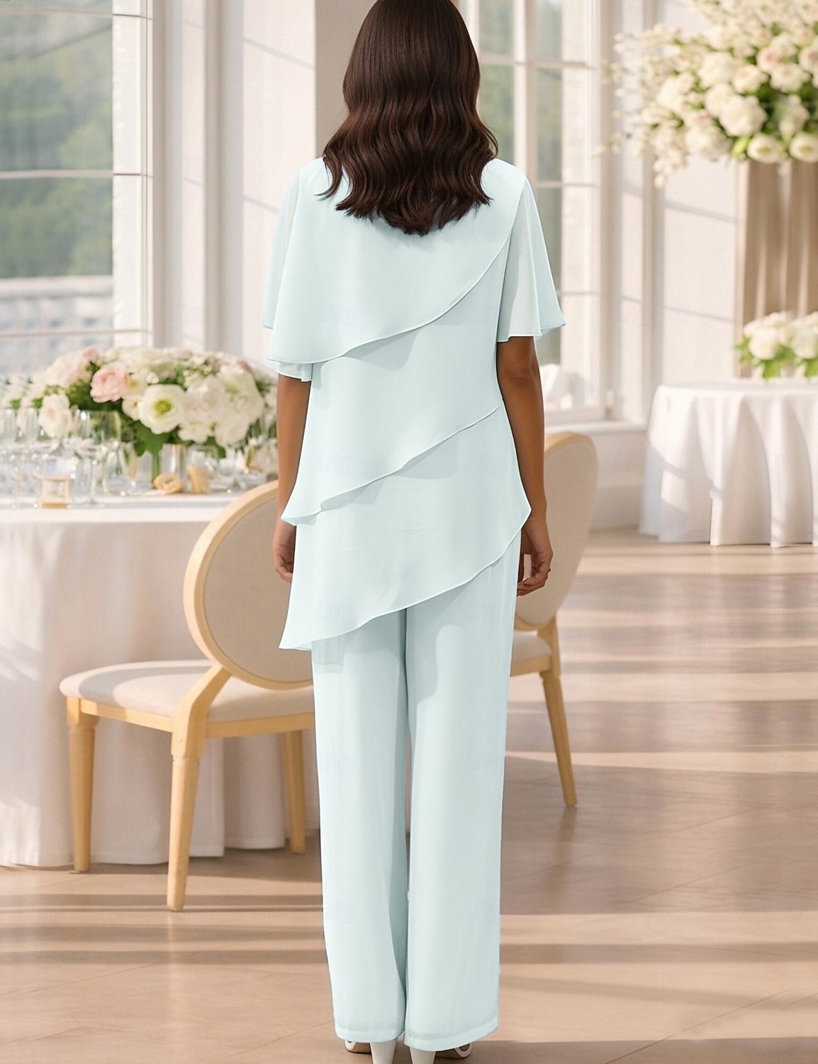 Tweedelig Broek Tot de grond Moeder van de bruid jurk Korte mouw Met sieraad Elegant Grote maten Bruiloft gast Chiffon met Gelaagde ruches 2026 - $160.99 –P2