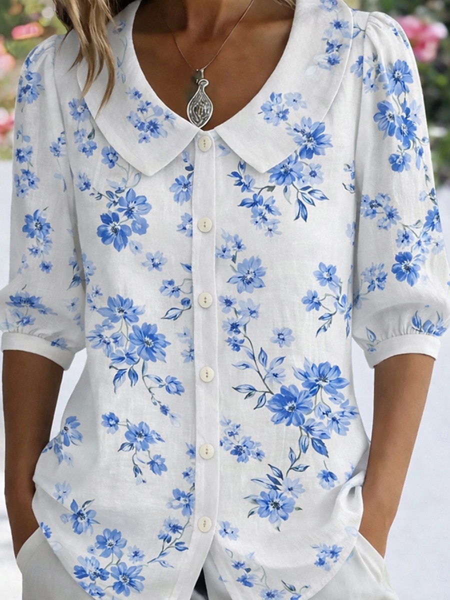 Mujer Camisa camisa boho Floral Graphic Elegante Bohemia Vacaciones Collar de Peter Pan Tops largos Diario Festivos Noche Azul Piscina Blanco Verano Primavera 2026 - $33.99 –P2