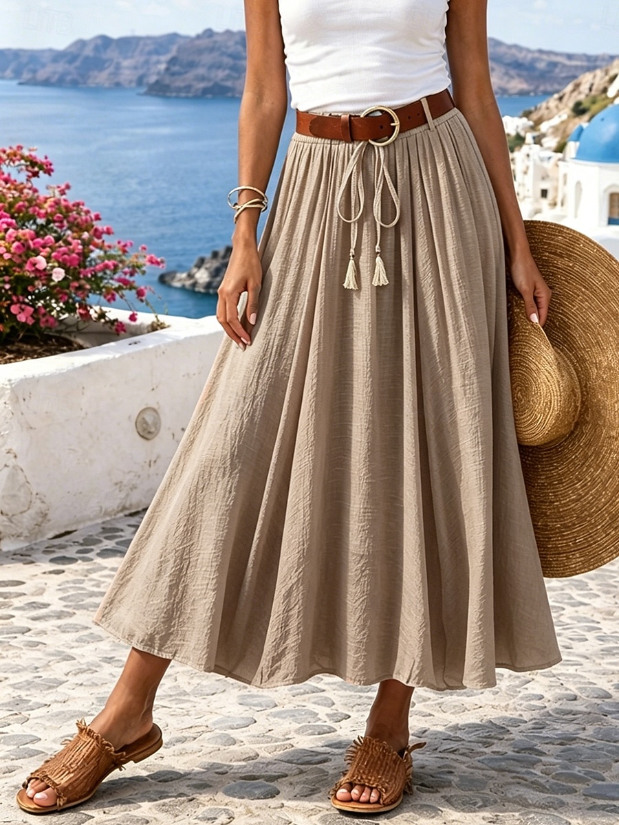 Mujer Falda de vacaciones Falda de lino y algodón sintético Moda Casual Maxi Alta cintura Faldas Plano Plisado Rígido Diario Vacaciones Azul Piscina Negro Rosa Caqui Verano 2026 - $11.49 –P11
