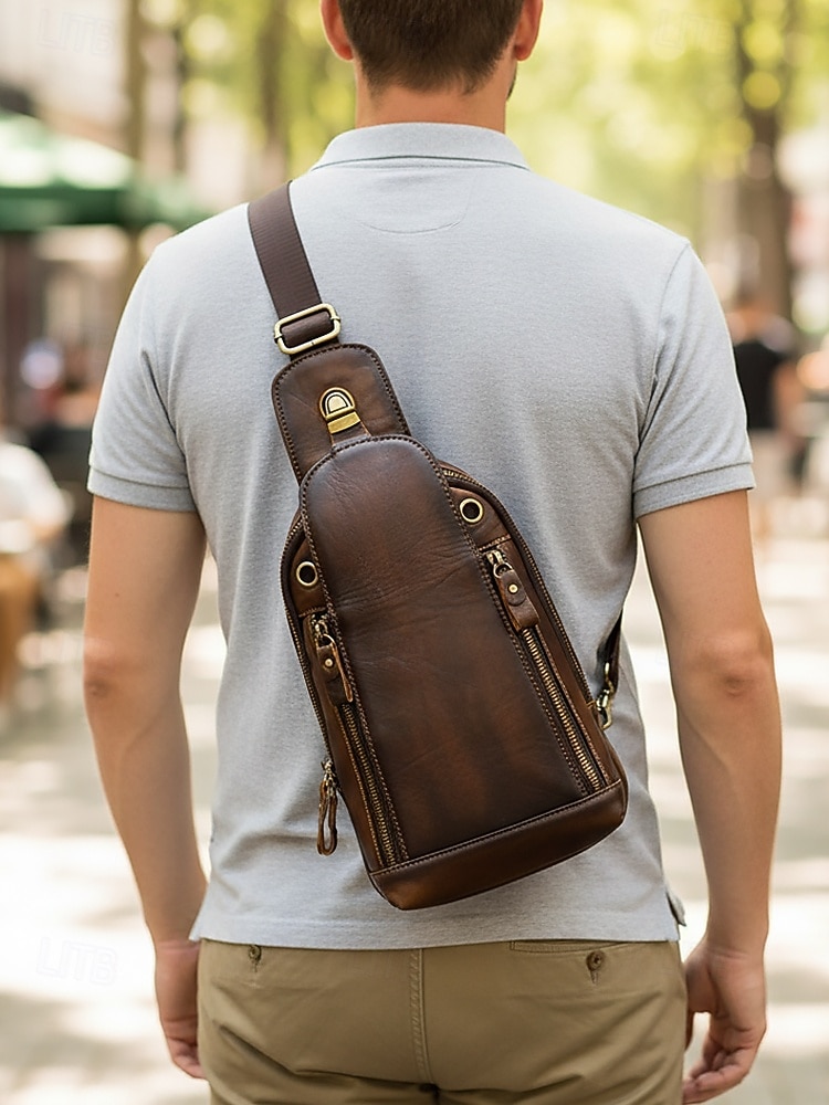 Herren-Umhängetasche aus Vollnarbenleder, geräumige Crossbody-Tasche mit mehreren Fächern und verstellbarem Riemen, stilvolle Farben in Kaffee und Braun für den Alltag, Pendeln und Geschäftsreisen 2026 - $54.99 –P3