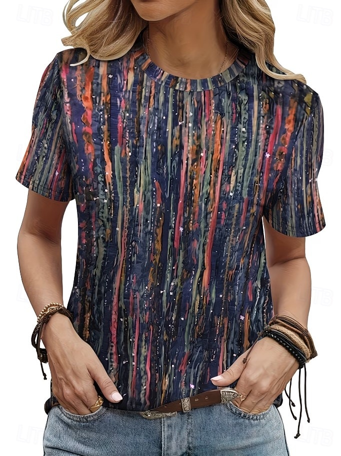 Dames T-shirt Afdrukken Grafisch Geometrisch Gestreept Vintage Stijlvol Klassiek Korte mouw Strakke ronde hals Croptops Casual Dagelijks blauw Paarsblauw Blozend Roze Oranje Zomer Lente 2026 - $21.99 –P3