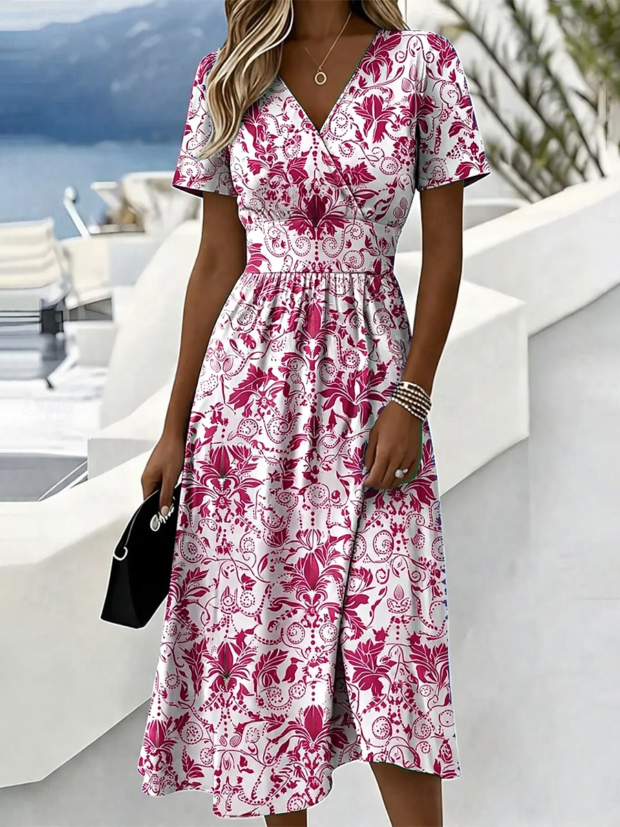 Mulheres Vestido midi Vestido A Line Férias Casual Boho Normal Gráfico Geométrica Manga Curta Decote V Azul Vermelho Roxo Verde Verão Primavera de 2026 por $37.99 –P4
