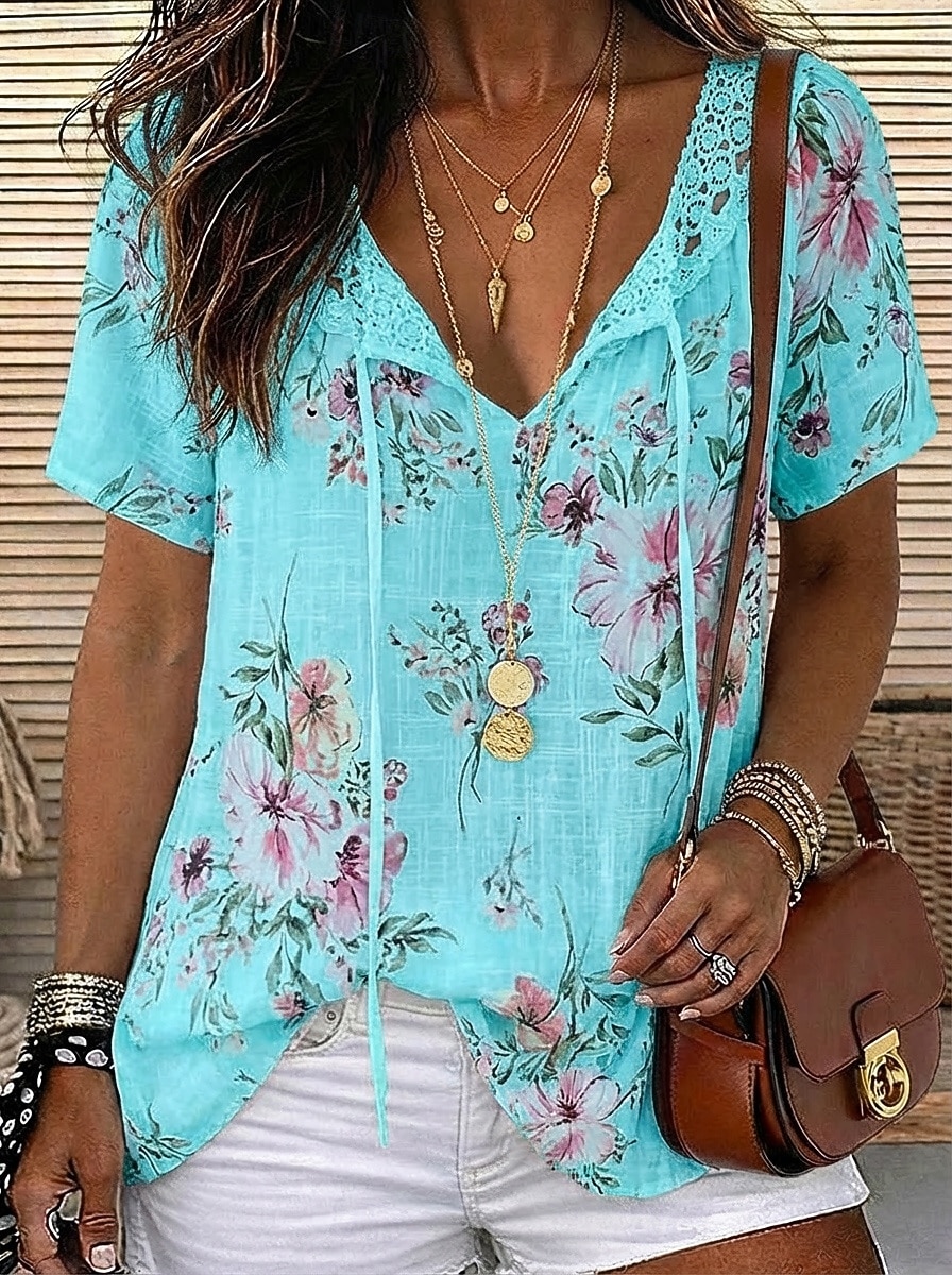 Per donna Blusa Top in chiffon Top in pizzo Pizzo Floreale Elegante Moderno Manica Corta Scollo a V Top lunghi Casuale Ferie Estate Blu Bianco Rosa Arancione Verde Estate Primavera del 2026 a $18.49 –P4