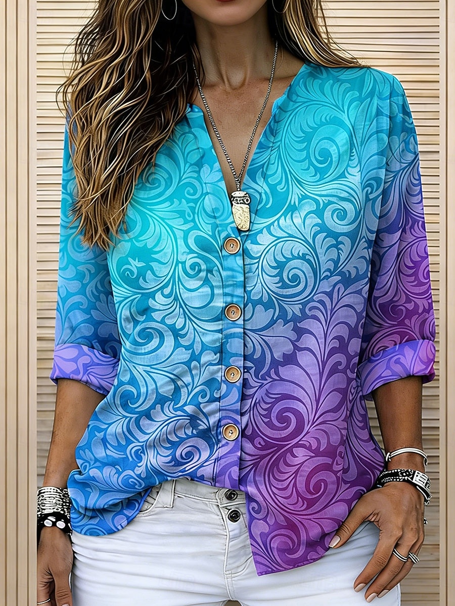 Femmes Chemise Tunique Hauts d'été Boutons A Ombre Graphique Vacances Quotidien manche longue Col en V Hauts Réguliers Quotidien Fête Sortir Bleu Violet Orange Vert Été Printemps de 2026 ? $33.99 –P1