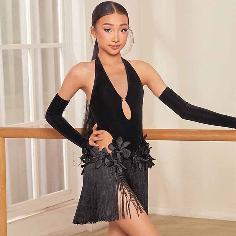 Junior Latin Dance Costume - Black Fringe Dress with Halter Neck, 3D Flowers & Mesh Sleeves for Performance 2026 - $220.49 –P7