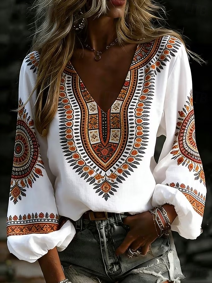 Mujer Camisa camisa boho Estampado Graphic Cachemir Elegante Bohemia Vacaciones Manga Larga Escote en Pico Tops largos Casual Diario Festivos Azul Piscina Blanco Naranja Gris Verano Primavera 2026 - $29.99 –P3