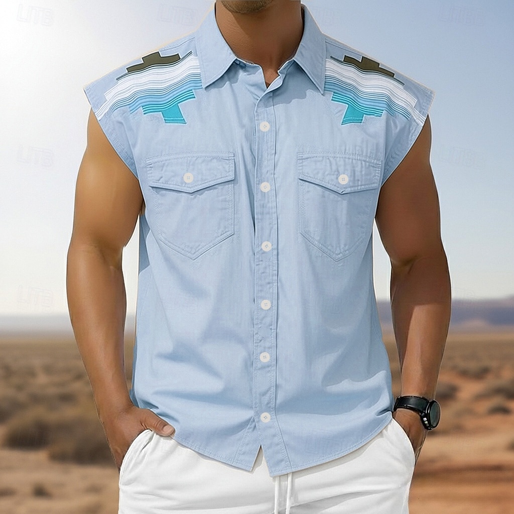 Men's Geometric Pattern Vintage Ethnic Western Shirt Cowboy Shirt Sleeveless Shirt Sleeveless Western Style Outdoor Work Causal Summer Spring Turndown 3D Print Button Up Shirts Blue Khaki Gray 2026 - $25.99 –P2