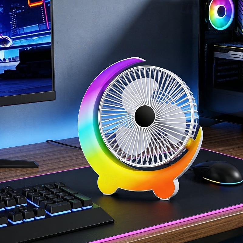 Moon Shaped Desk Fan with Rainbow RGB LED Light, 3-Speed Quiet Personal USB Table Fan for Office Bedroom Nightstand, Rechargeable Battery Operated Small Fan for Kids Dorm, Colorful Cooling Gift 2026 - $33.99 –P4