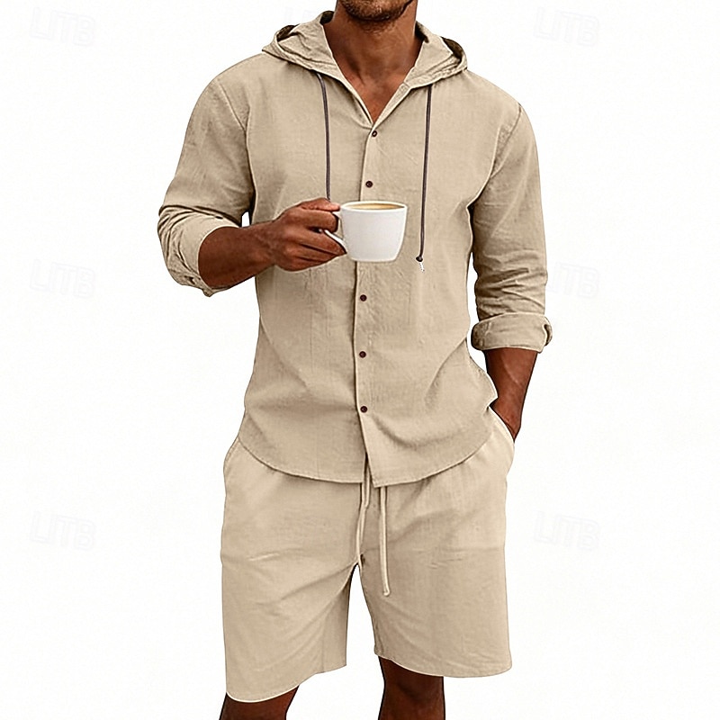 Ανδρικά Πουκάμισο λινό 2 Κομμάτια Σετ πουκαμίσου Και Σορτσάκια Σορτς από λινό Σορτς παραλίας Σειρά Σκέτο Καθημερινά ΕΞΩΤΕΡΙΚΟΥ ΧΩΡΟΥ Διακοπές Με Κουκούλα Μακρυμάνικο Καλοκαίρι Άνοιξη 2026 - $36.99 –P15