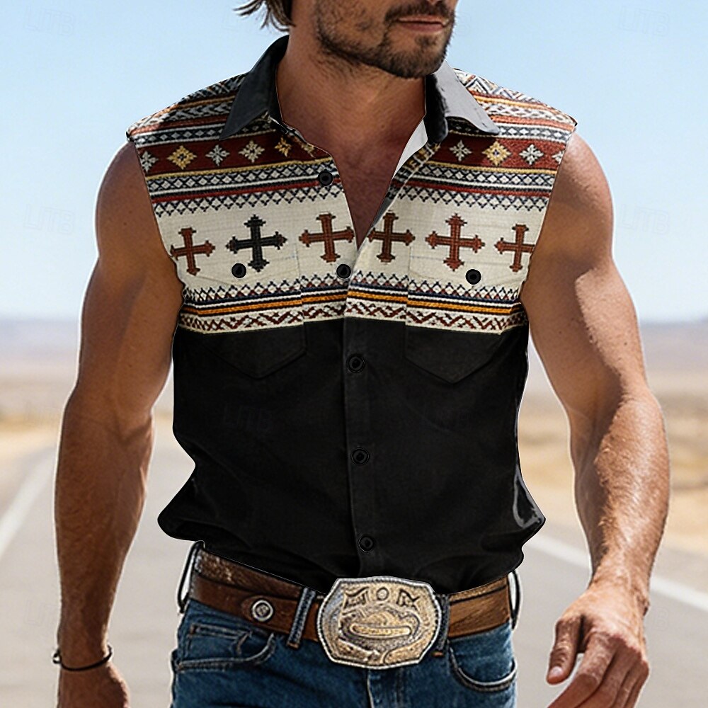 Hombre Cruz Étnico Bloqueo de color camisa occidental Camisa vaquera Camisa sin mangas Sin Mangas Vintage estilo occidental Exterior Vacaciones Verano Primavera Cuello Vuelto Impresión 3D Camisas con 2026 - $27.99 –P6