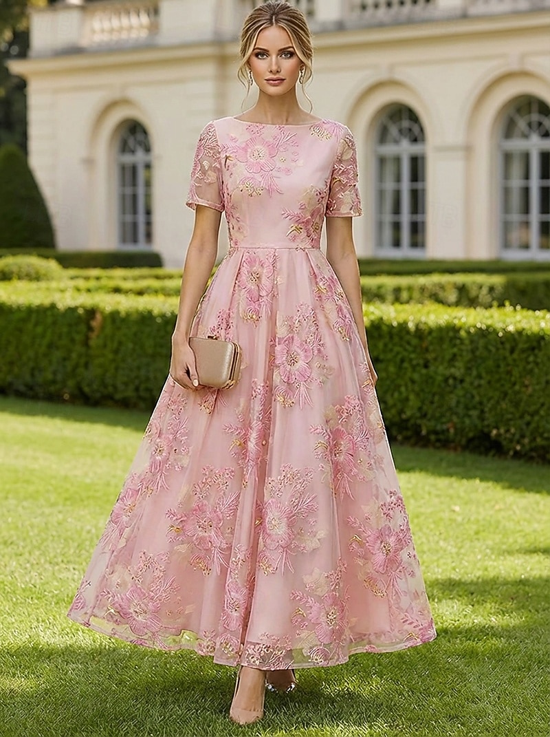 A-linje Ankellengde Te-lengde Floral kjole Cocktailkjoler Elegant Blomster Semiformell / Cocktailfest Kortermet Båthals Hage fest Bryllup Organza Jacquard med Plissert 2026 - $164.69 –P1