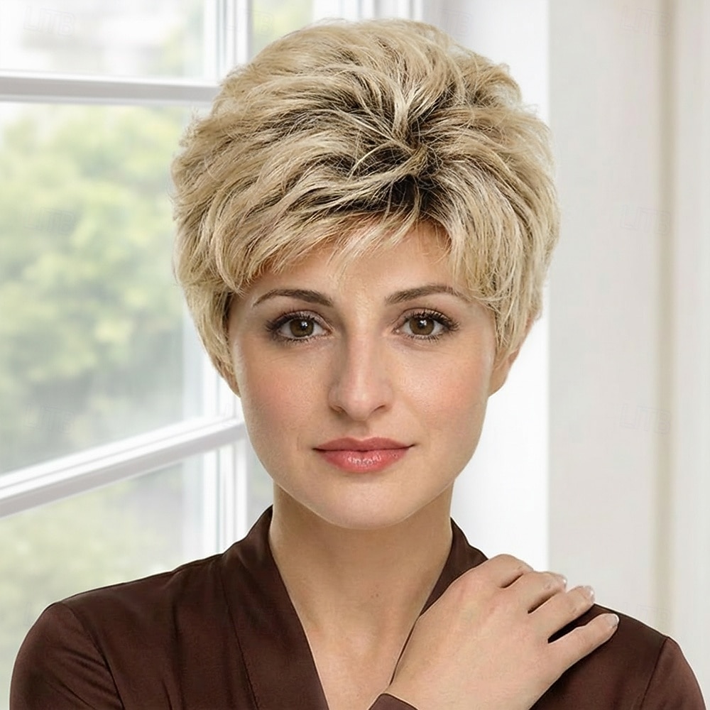 Peruca sintética curta e elegante estilo pixie para mulheres - loiro claro com mechas sutis e volume texturizado. de 2026 por $29.99 –P1