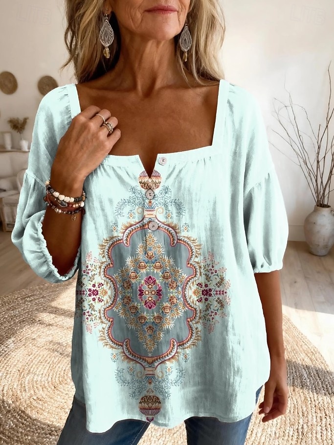 Γυναικεία Μπλούζα Σουρωτά Κεντητό Στάμπα Φλοράλ Γραφική Λαχούρι Καθημερινά Στυλάτο Βασικό Μισό μανίκι Τετράγωνη Λαιμόκοψη Κανονικά μπλουζάκια Καθημερινά 2026 - $29.99 –P7