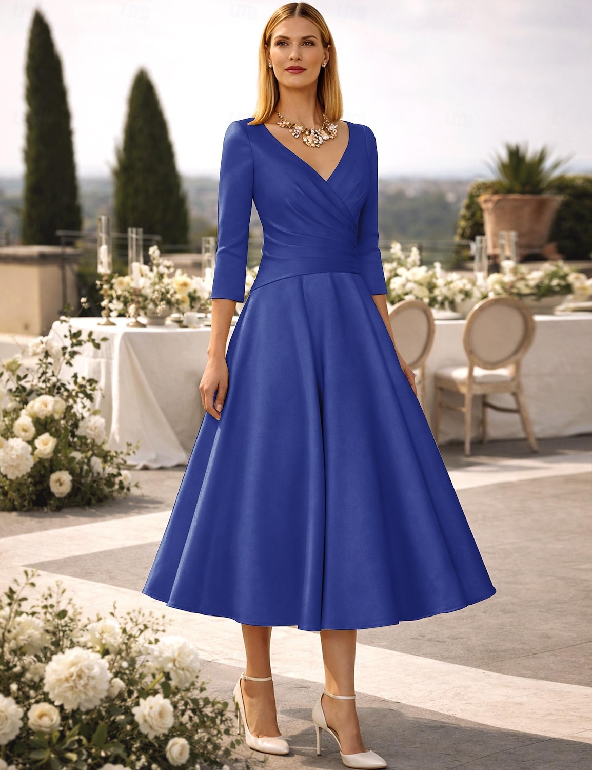 A-Linie Tee-Länge Cocktailkleider Partykleider Elegant Vintage Übergröße Dreiviertelarm V Ausschnitt Hochzeitsgast Satin mit Falten 2026 - $126.99 –P21