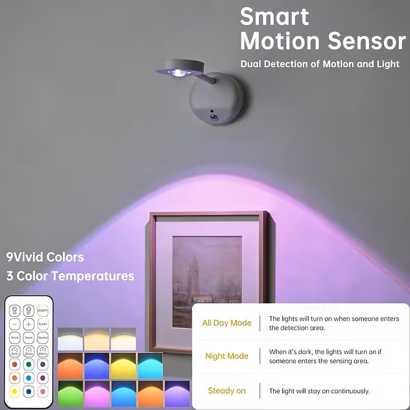 1/3PCS Wireless Remote Control Human Body Sensor Wall Lamp Rechargeable ...
