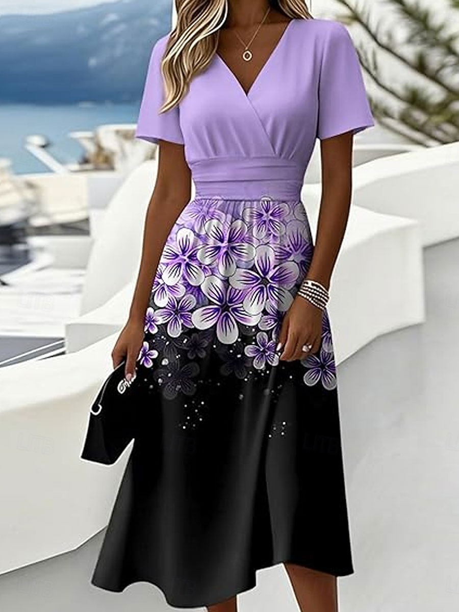 Women's Midi Dress A Line Dress Vacation Casual Boho Regular Fit Floral Graphic Short Sleeve V Neck Blue White Purple Orange Summer Spring 2026 - $34.99 –P4