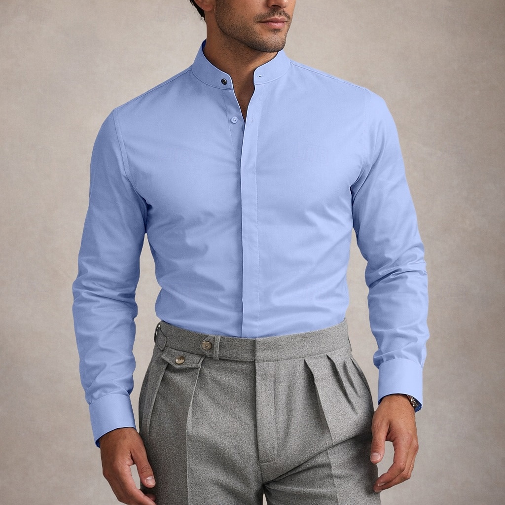 Homens Camisa Social Saia Camisa não de ferro Tecido Diário O negócio Amarelo Claro Azul Claro Preto Branco Manga Longa colarinho do vovô Todas as Estações Roupa de 2026 por $29.99 –P1