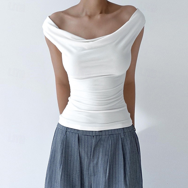 Per donna Maglietta Arricciato Semplice Elegante Moda Sexy Senza Maniche Senza Spalle Top Regolari Quotidiano Uscire Weekend Nero Bianco Estate Primavera del 2026 a $13.99 –P1