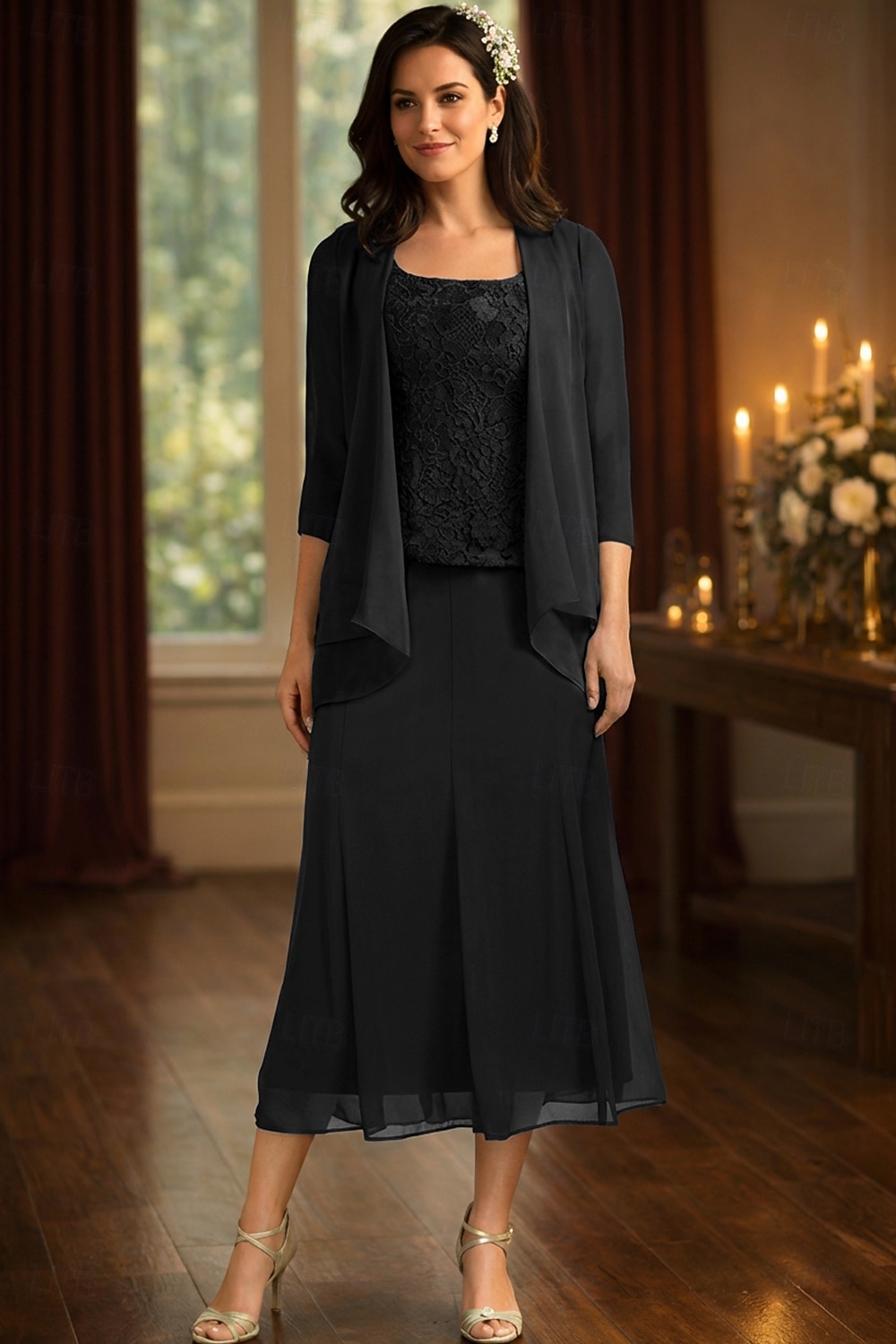 Ensembles de robes longueur thé robe de invitée de mariage robe de mère de la mariée à manches 3/4 décolleté carré élégante simple pour invité de mariage avec couleur unie de 2026 ? $183.99 –P12