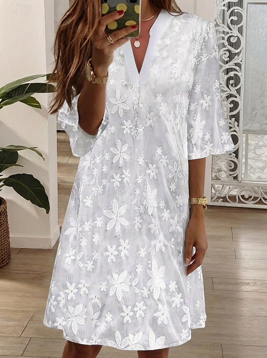 Women's Knee Length Dress Lace Dress White Dress Elegant Fashion Beach Vacation Holiday Regular Fit Floral Half Sleeve V Neck White Summer Spring 2026 - $32.99 –P1
