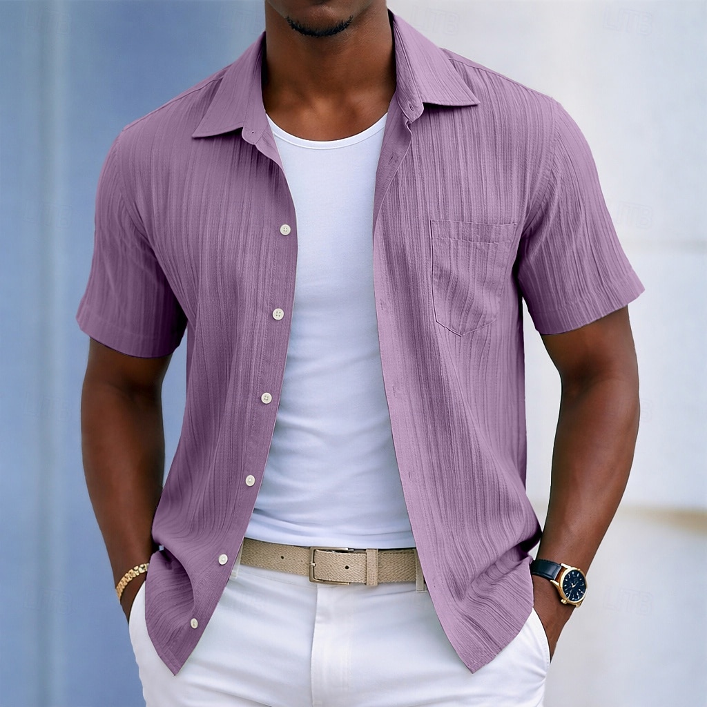 Men's Shirt Casual Shirt Beach Shirt Button Up Shirt Jacquard Shirt Black White Light Green Wine Blue Short Sleeve Solid Color Plain Lines / Waves Lapel Casual Streetwear Pocket Clothing Apparel 2026 - $20.99 –P8