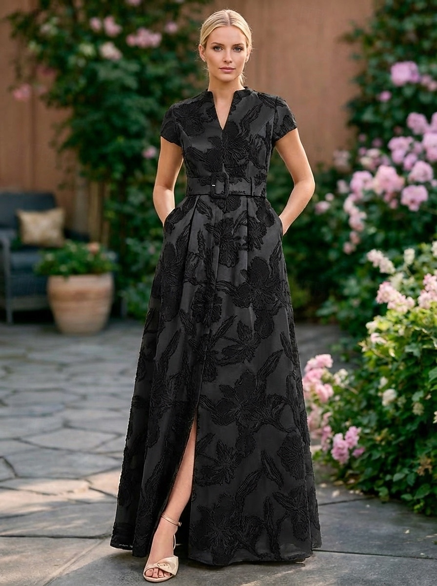 Linia -A Lungime Podea Rochie florala Rochii de seara Elegant Epocă Floral Manșon scurt În V Petrecere în grădină Nuntă Buzunar Satin Jaquard cu Franjuri Rochie cu fanta 2026 - $205.89 –P1