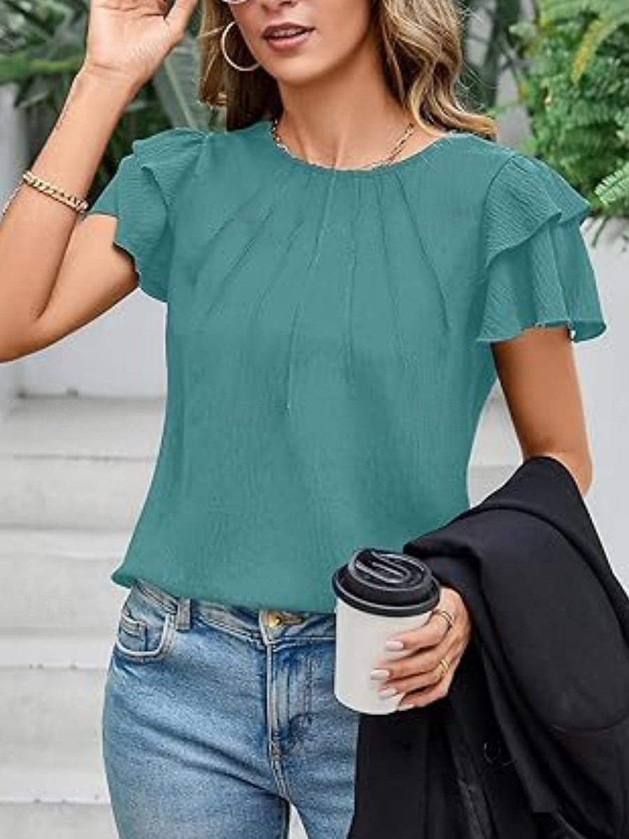 Dames T-shirt Met ruches Effen Elegant Modieus Stijlvol Korte mouw Strakke ronde hals Normale tops Dagelijks Uitgaan Weekend Zwart Wit Marineblauw Groen Abrikoos Zomer Lente 2026 - $21.99 –P4