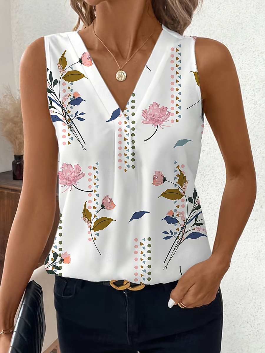 Dames Singlet Bloemig Grafisch Planten Elegant Vintage Stijlvol Mouwloos V-hals Normale tops Dagelijks Wit Blozend Roze Zomer Lente 2026 - $22.99 –P1