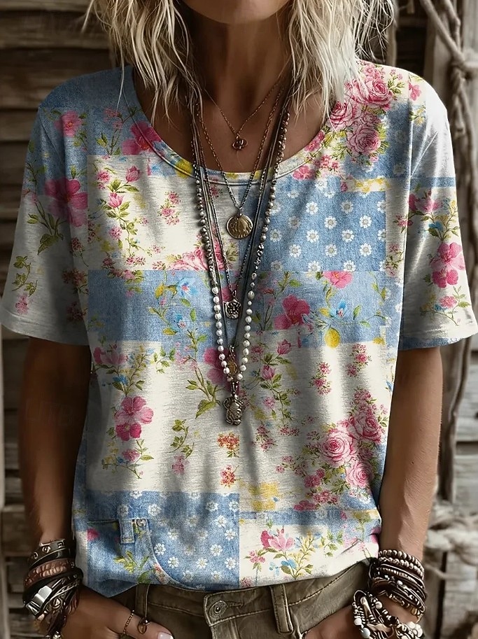 Women's T Shirt Print Floral Graphic Plants Vintage Stylish Casual Short Sleeve V Neck Regular Tops Casual Daily Weekend Blue White-Blue Light Beige Beige Summer Spring 2026 - $21.99 –P6