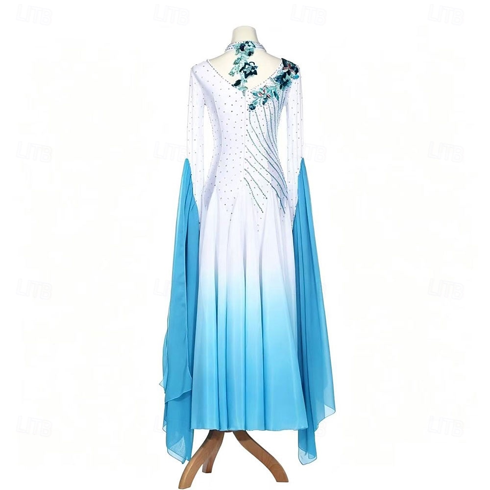 Gesellschaftstanz Kleid Strass Falten Spleißen Damen Party Training Leistung Langarm Hoch Spandex Polyester 2026 - $472.29 –P2