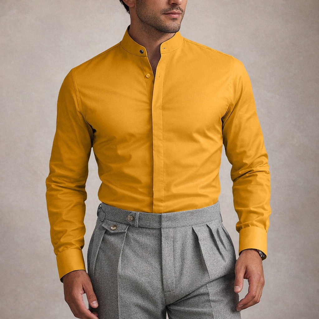 Homens Camisa Social Saia Camisa não de ferro Tecido Diário O negócio Amarelo Claro Azul Claro Preto Branco Manga Longa colarinho do vovô Todas as Estações Roupa de 2026 por $29.99 –P5