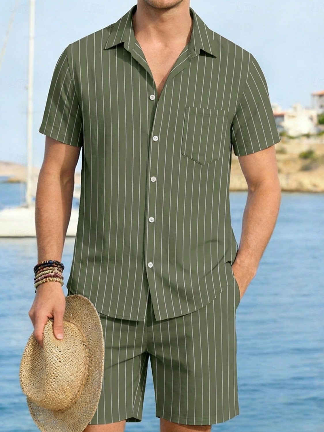 Men Linen Shirt 2 Piece Shirt Set And Shorts Linen Shorts Beach Shorts Set Vertical Stripes Casual Daily Outdoor Turndown Short Sleeve Summer Fashion Casual Comfortable Clothing Apparel 2026 - $32.99 –P11