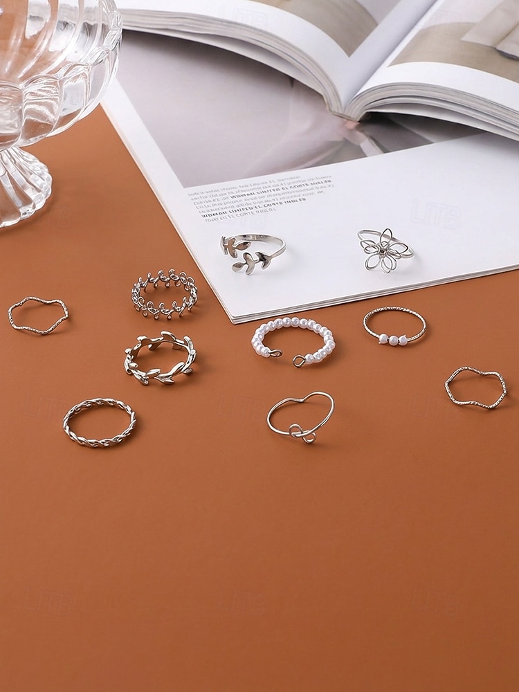Justerbart bohemiskt ringset med 10 delar för kvinnor, stapelbara fingerringar i guld- och silverfärgad legering för strandsemester, festivalstil och vardagskläder 2026 - $9.99 –P8