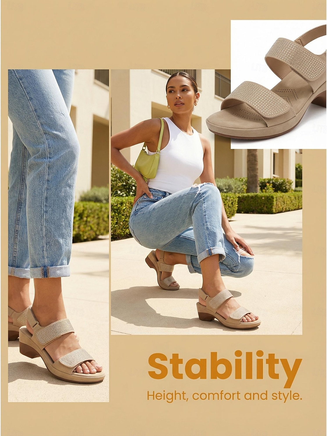 Women's Camel Rhinestone Comfort Heel Sandals with Adjustable Straps – Cushioned Chunky Heel Arch Support Sandals for Travel, Daily Wear, Garden Leisure & Casual Outfits 2026 - $42.99 –P1