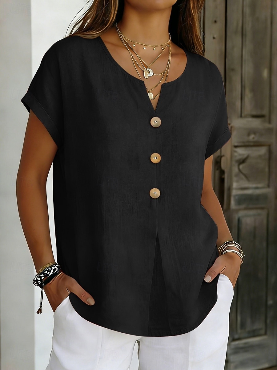 Mulheres Blusa Botões Côr Sólida à moda Básico Casual Manga Curta Decote V Tops regulares Diário Azul Preto Branco Rosa Roxo Verão Primavera de 2026 por $21.99 –P2