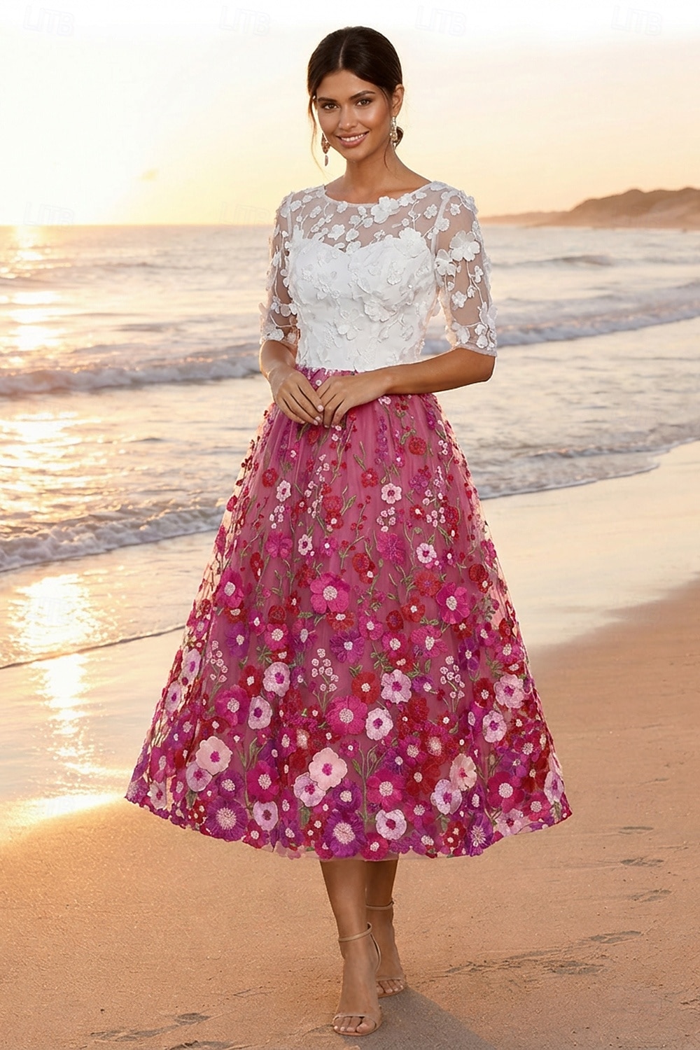 A-Line Tea Length Lace Dress Cocktail Dresses Elegant Vintage Floral Half Sleeve Crew Neck Garden Party Wedding Pocket Satin Tulle with Embroidered Flower Appliques 2026 - $182.99 –P4