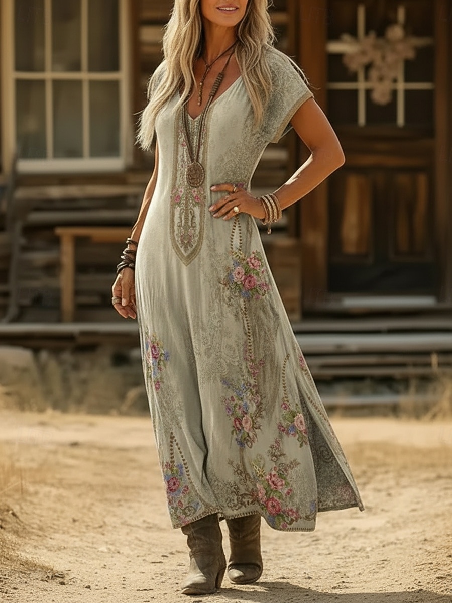 Damen Maxikleid Boho-Kleid Freizeitkleid A Linie Kleid Druckkleid Vintage Outdoor Urlaub Wochenende Normale Passform Blumen Grafik Kurzarm V Ausschnitt Blau Dunkelgrün Violett Grün Sommer Frühling 2026 - $25.99 –P2