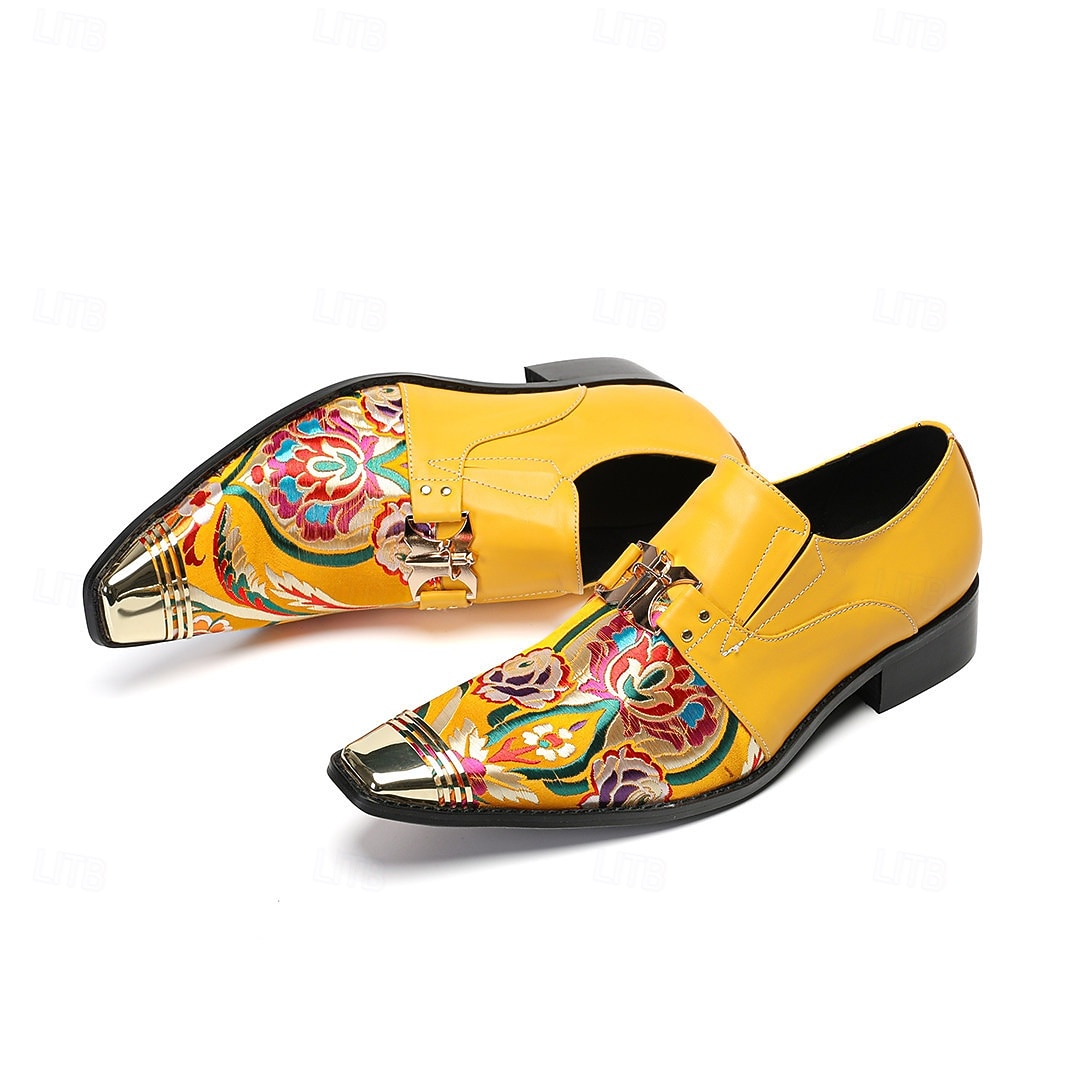 Chaussures habillées pour homme, à boucle, à bout pointu et embout métallique, ornées d'un imprimé floral jaune. Idéales pour les mariages, les banquets, les fêtes, les bals de fin d'année, les événements de mode et les soirées élégantes. de 2026 ? $109.99 –P5